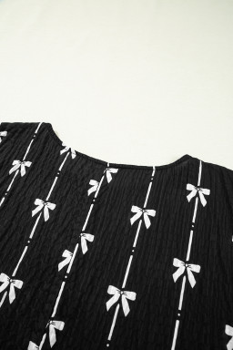 Black Bow Print Striped Puff Short Sleeve Blouse