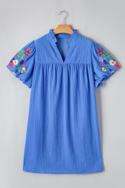 Sky Blue Floral Embroidered Puff Sleeve Plus Size Mini Dress