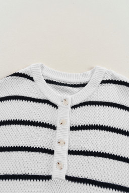 White Stripe Drop Shoulder Bracelet Sleeve Henley Knit Tee