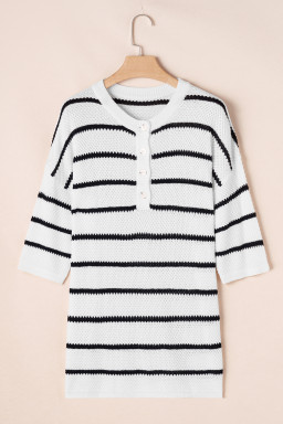 White Stripe Drop Shoulder Bracelet Sleeve Henley Knit Tee