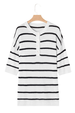 White Stripe Drop Shoulder Bracelet Sleeve Henley Knit Tee