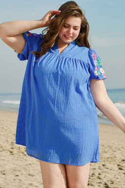 Sky Blue Floral Embroidered Puff Sleeve Plus Size Mini Dress