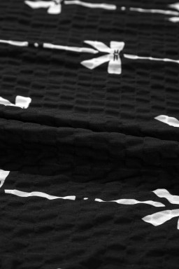 Black Bow Print Striped Puff Short Sleeve Blouse