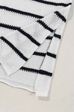 White Stripe Drop Shoulder Bracelet Sleeve Henley Knit Tee