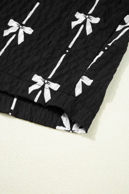 Black Bow Print Striped Puff Short Sleeve Blouse
