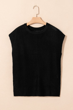 Black Solid Color Side Slits Knit Tee