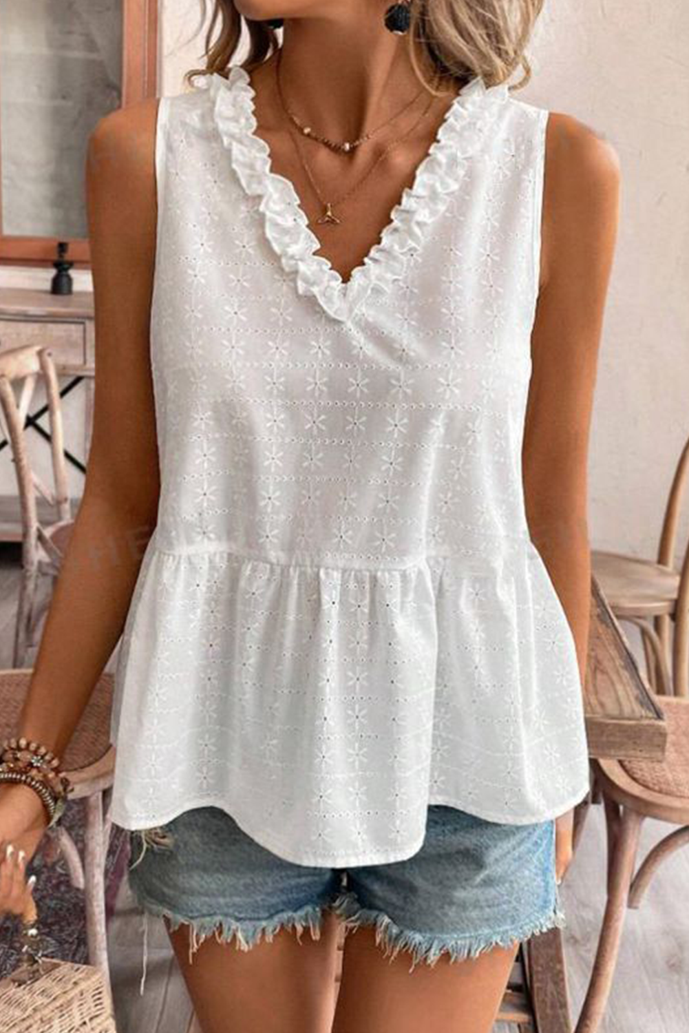White Solid Color Floral Embroidered Frill V-neck Backless Sleeveless Shirt
