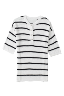 White Stripe Drop Shoulder Bracelet Sleeve Henley Knit Tee