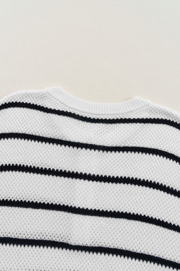 White Stripe Drop Shoulder Bracelet Sleeve Henley Knit Tee