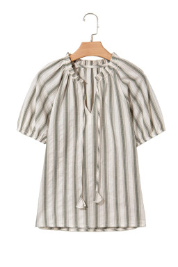 Gray Stripe Frilled Tie Neck Short Sleeve Blouse