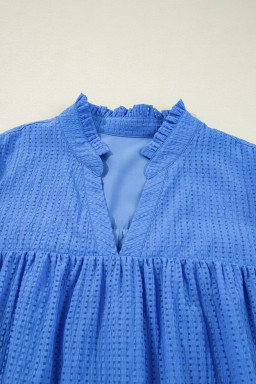 Sky Blue Floral Embroidered Puff Sleeve Plus Size Mini Dress