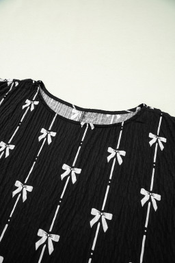 Black Bow Print Striped Puff Short Sleeve Blouse