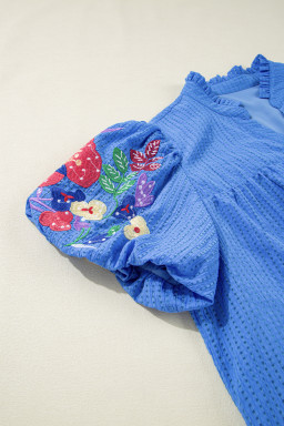 Sky Blue Floral Embroidered Puff Sleeve Plus Size Mini Dress