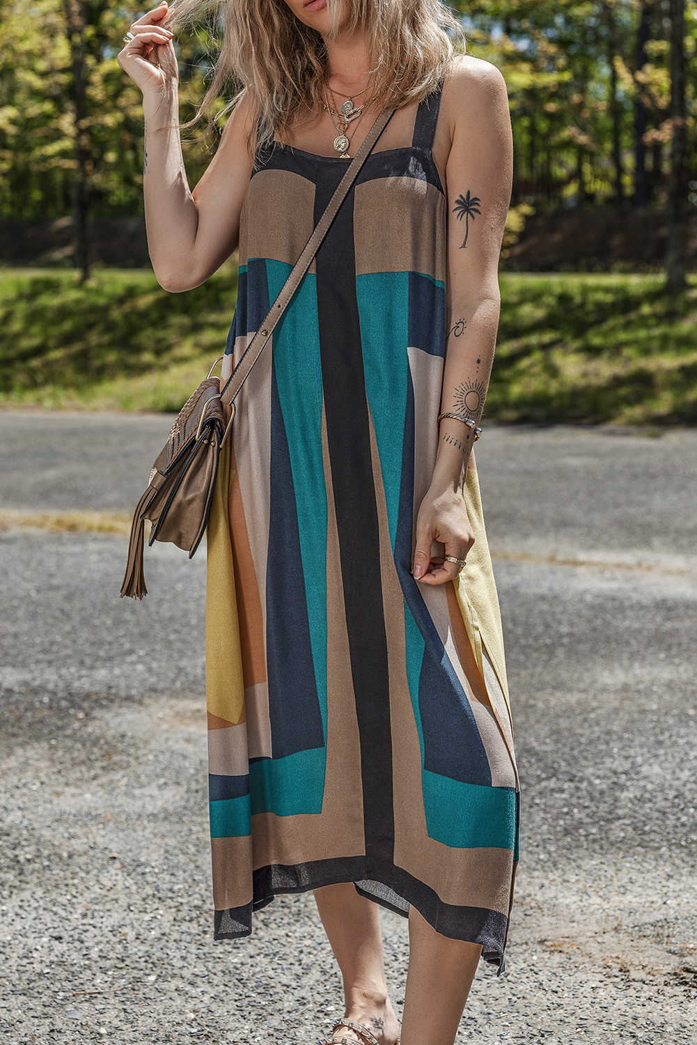Brown Retro Geometric Print Y Back Sleeveless Dress