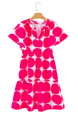 Rose Polka Dot Flutter Sleeve Notched Neck Tiered Flowy Dress