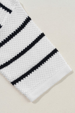 White Stripe Drop Shoulder Bracelet Sleeve Henley Knit Tee