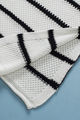 White Stripe Drop Shoulder Bracelet Sleeve Henley Knit Tee