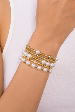 Gold Cross Pearls Decor Plated Beaded Multi Layer Bracelets