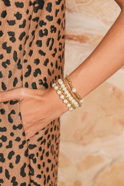 Gold Cross Pearls Decor Plated Beaded Multi Layer Bracelets