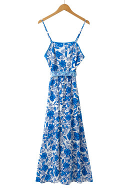 Blue Floral Print Spaghetti Strap Knot Waist Maxi Dress