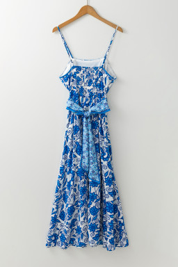 Blue Floral Print Spaghetti Strap Knot Waist Maxi Dress