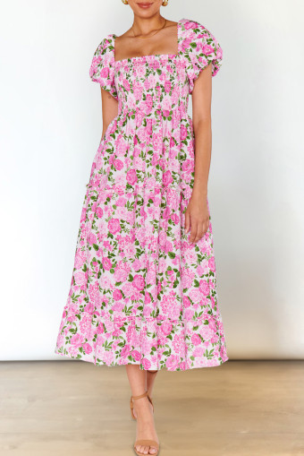 Vestit midi fluid de màniga abombada amb smock floral rosa