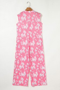 Pink Floral Print Sleeveless Wide Leg Jumpsuit