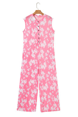 Pink Floral Print Sleeveless Wide Leg Jumpsuit