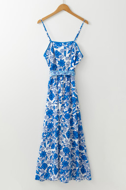 Blue Floral Print Spaghetti Strap Knot Waist Maxi Dress