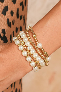 Gold Cross Pearls Decor Plated Beaded Multi Layer Bracelets