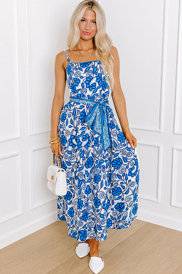 Blue Floral Print Spaghetti Strap Knot Waist Maxi Dress