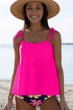 Rose Red Solid Color Cami and Floral Print Panty Tankini Set