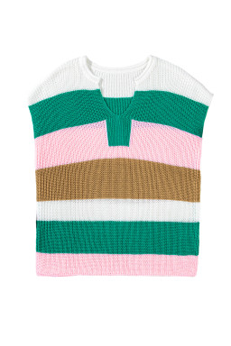Multicolour Colorblock Notch V Neck Knit T Shirt