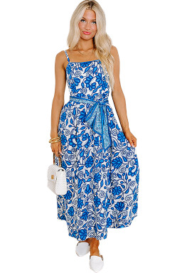 Blue Floral Print Spaghetti Strap Knot Waist Maxi Dress