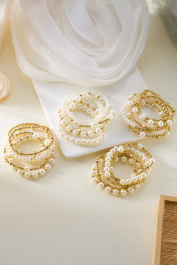 Gold Cross Pearls Decor Plated Beaded Multi Layer Bracelets
