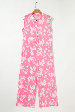 Pink Floral Print Sleeveless Wide Leg Jumpsuit