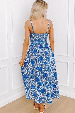 Blue Floral Print Spaghetti Strap Knot Waist Maxi Dress