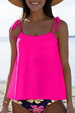 Rose Red Solid Color Cami and Floral Print Panty Tankini Set