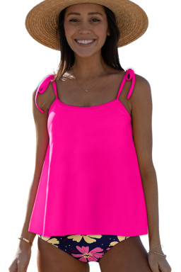 Rose Red Solid Color Cami and Floral Print Panty Tankini Set