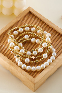 Gold Cross Pearls Decor Plated Beaded Multi Layer Bracelets