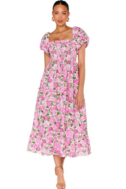 Pink Floral Smocked Puff Sleeve Flowy Midi Dress