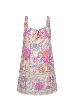 Multicolour Boho Floral Tassel Tie U Neck Mini Dress