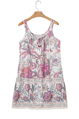 Multicolour Boho Floral Tassel Tie U Neck Mini Dress