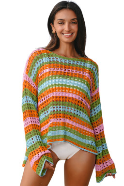 Carrot Striped Hollow Knit Summer Beach Cover Up