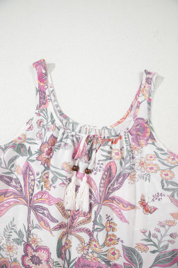 Multicolour Boho Floral Tassel Tie U Neck Mini Dress