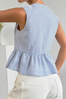 Sky Blue Striped Knot Front Peplum Sleeveless Shirt