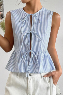 Sky Blue Striped Knot Front Peplum Sleeveless Shirt