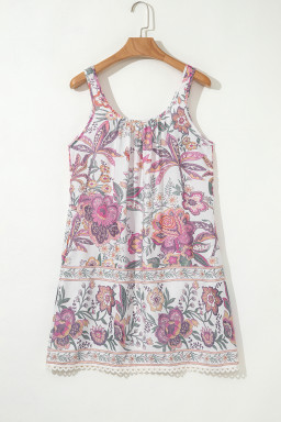 Multicolour Boho Floral Tassel Tie U Neck Mini Dress