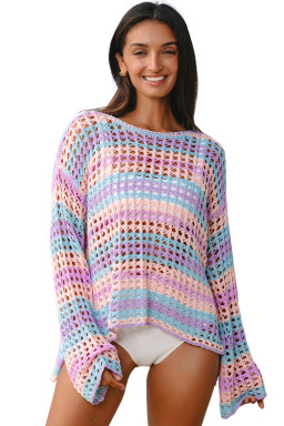 Purple Striped Hollow Knit Summer Beach Cover Up