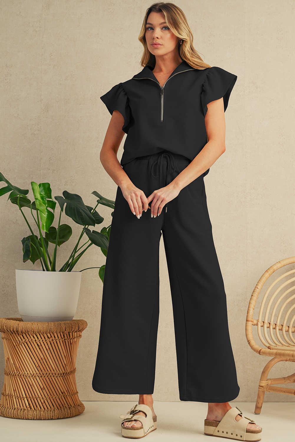 Black Textured Ruffle Sleeve Zipped Top and Wide Leg Pants Set